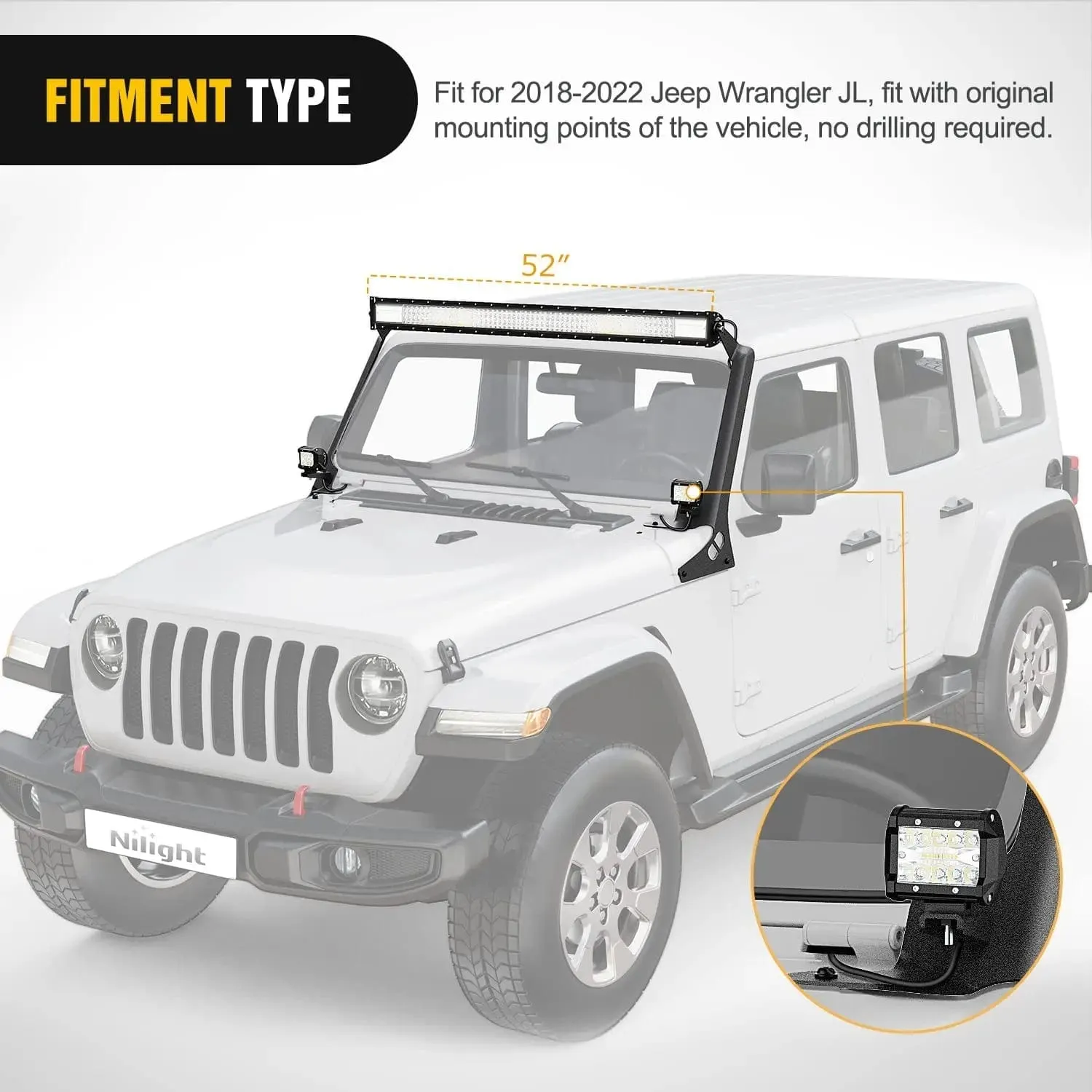 52 Inch LightBar and Light Pods Windshield Frame A-Pillar Mounts for 2018-2024 Jeep Wrangler JL/JLU Gladiator JT