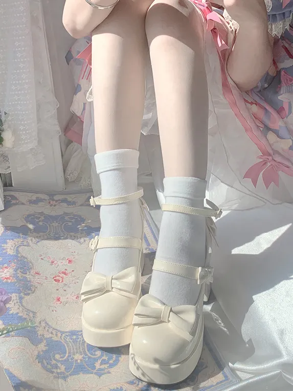 Apricot Bowknot Platform High Block Heels Lolita Shoes