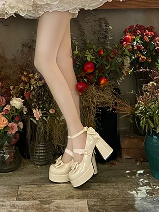 Apricot Bowknot Platform High Block Heels Lolita Shoes
