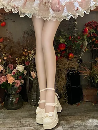 Apricot Bowknot Platform High Block Heels Lolita Shoes
