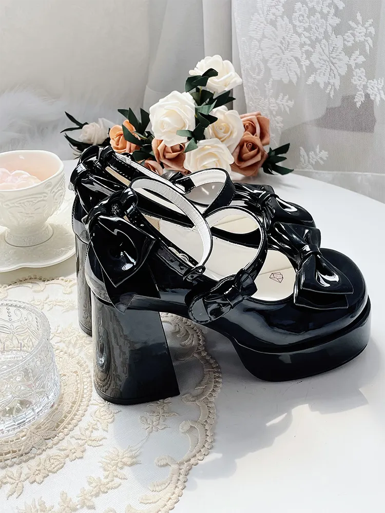 Black Bowknot Platform High Block Heels Lolita Shoes
