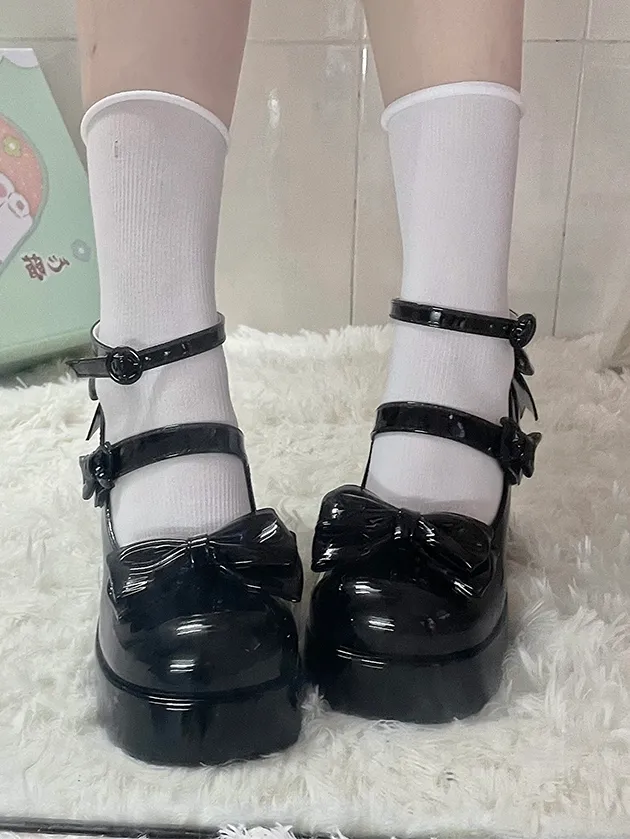 Black Bowknot Platform High Block Heels Lolita Shoes