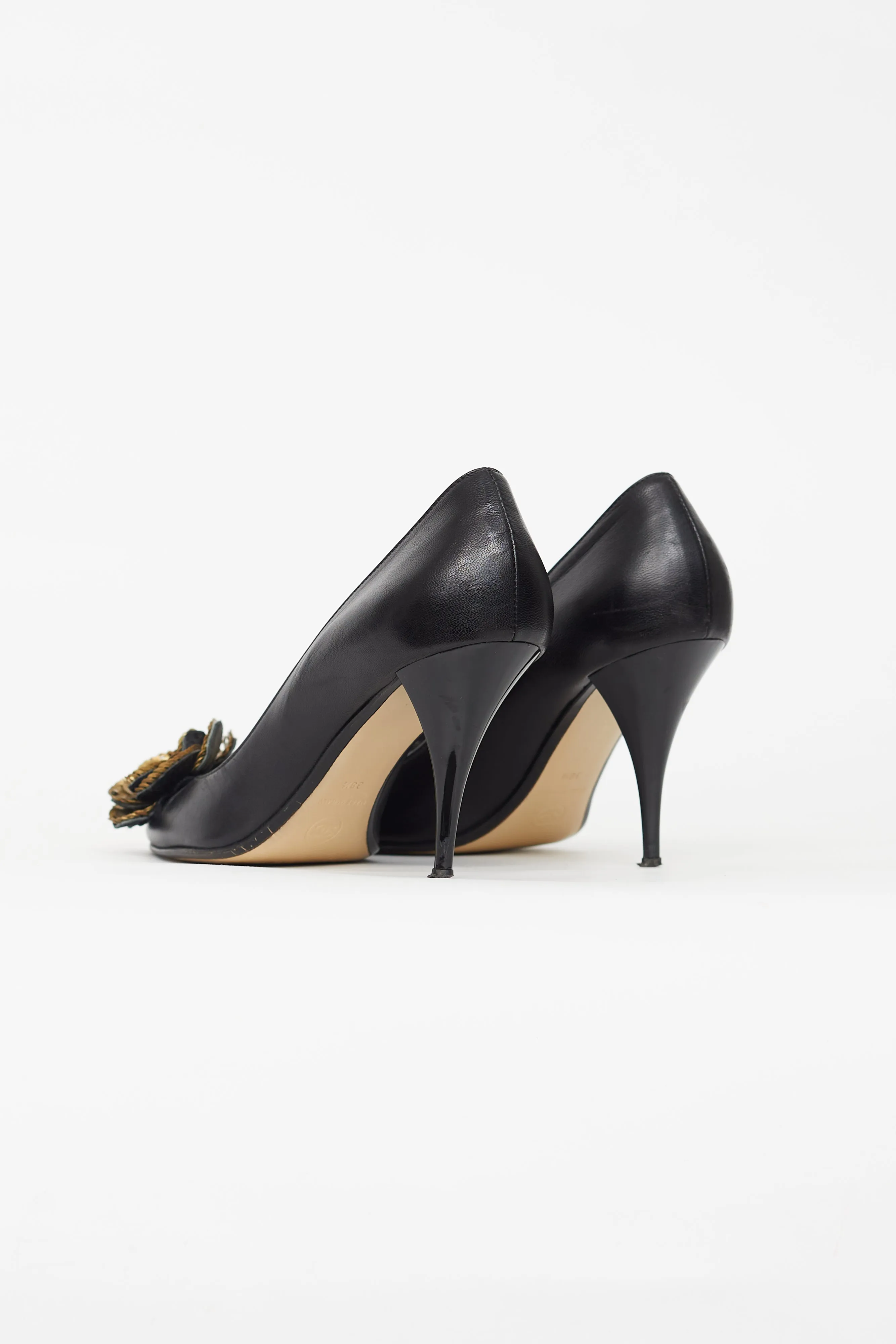 Black Leather Peep Toe Pump