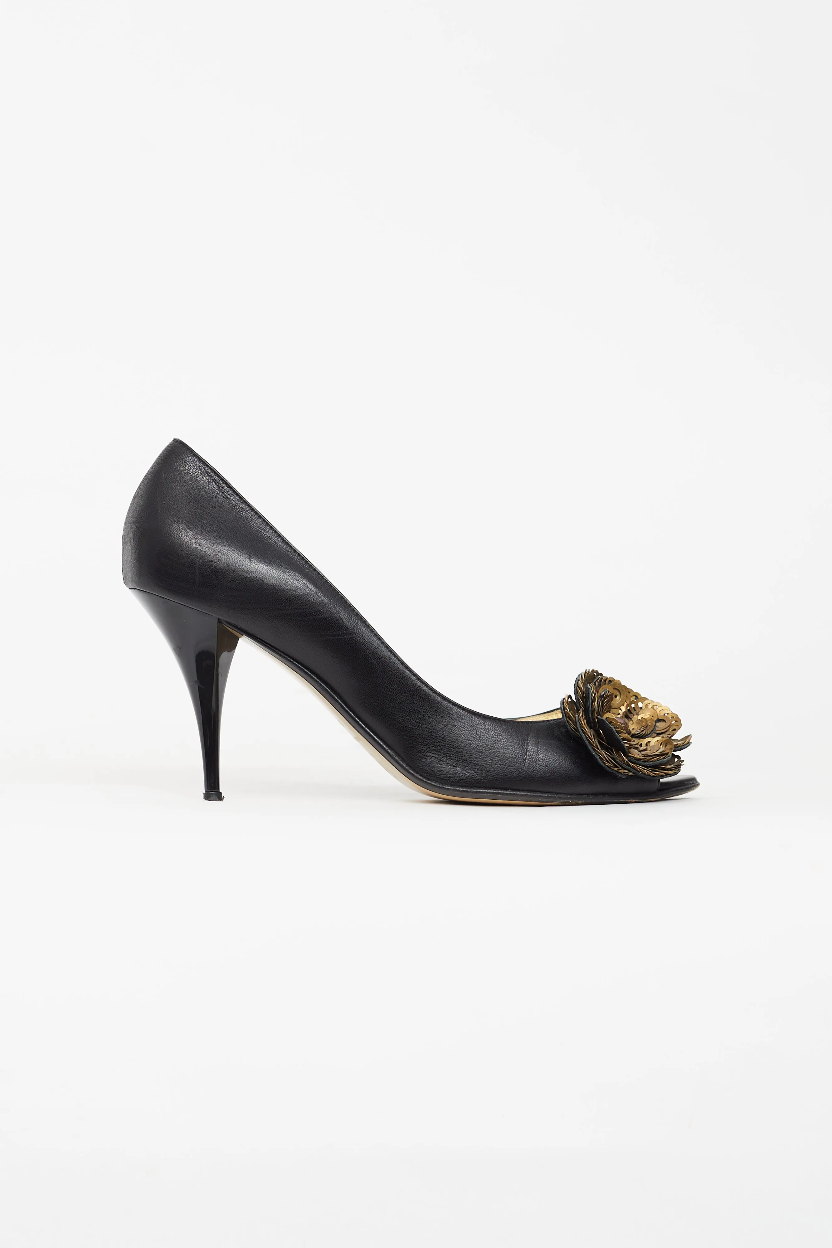 Black Leather Peep Toe Pump