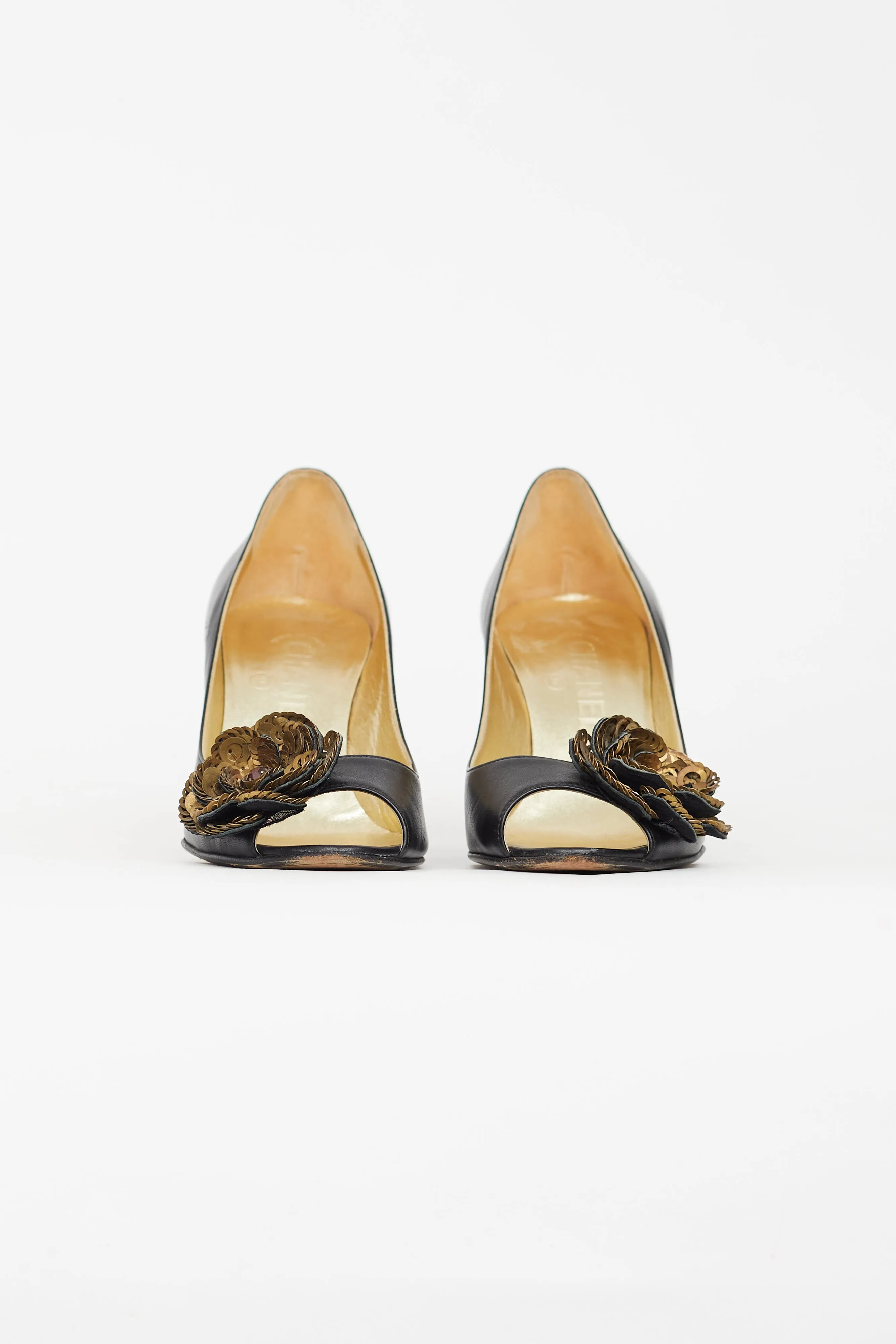 Black Leather Peep Toe Pump