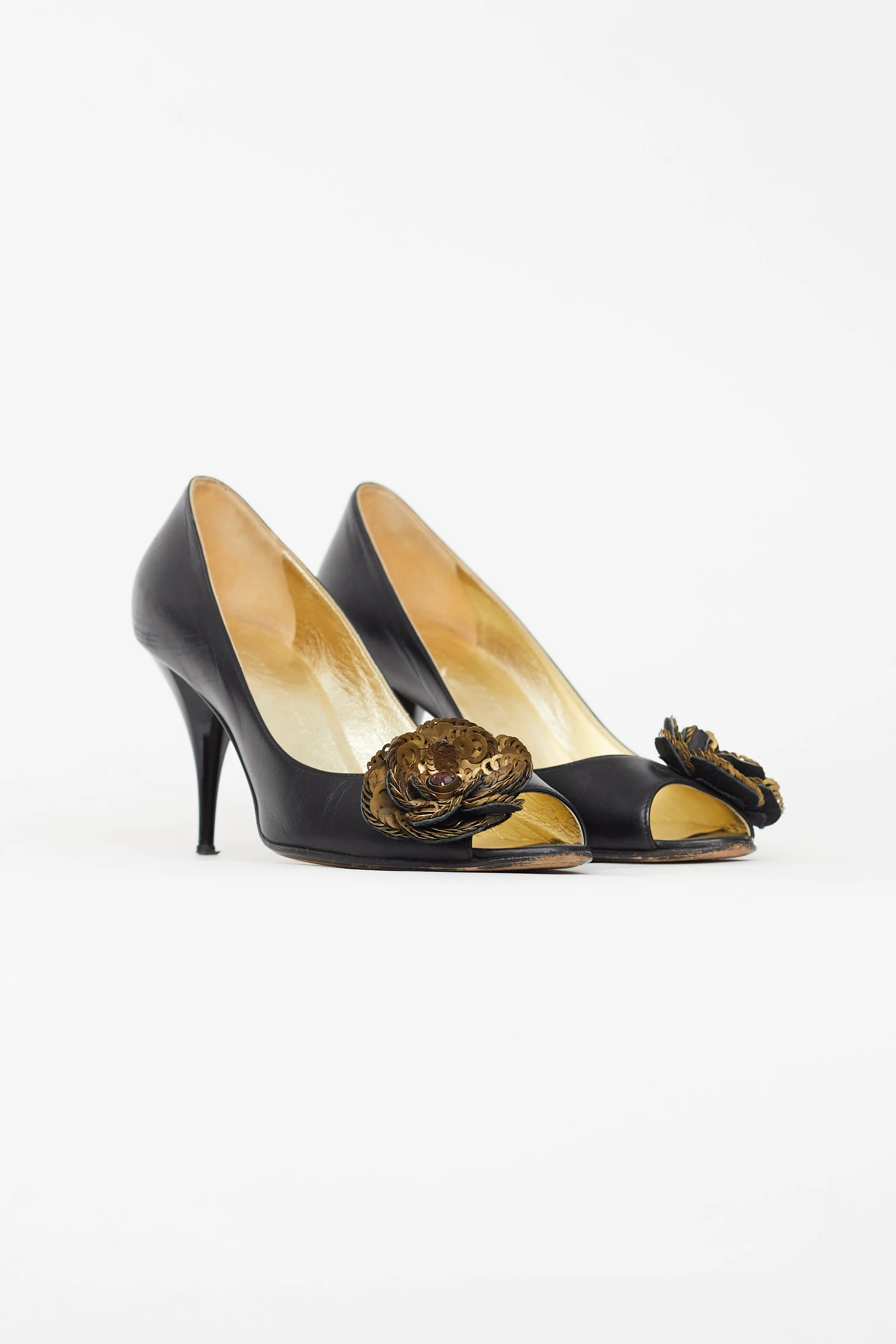 Black Leather Peep Toe Pump