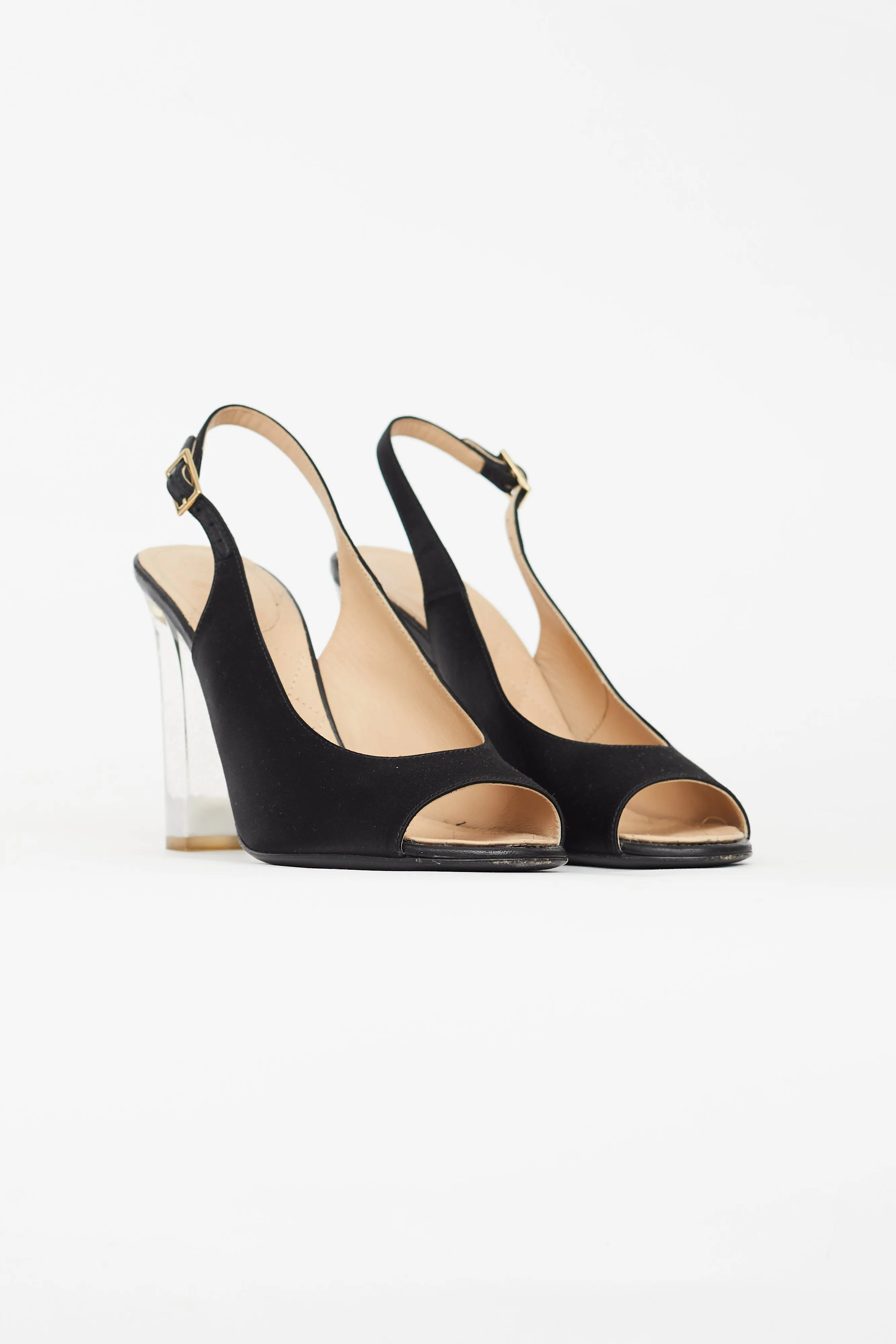 Black Satin Lucite Heel Slingback Pump