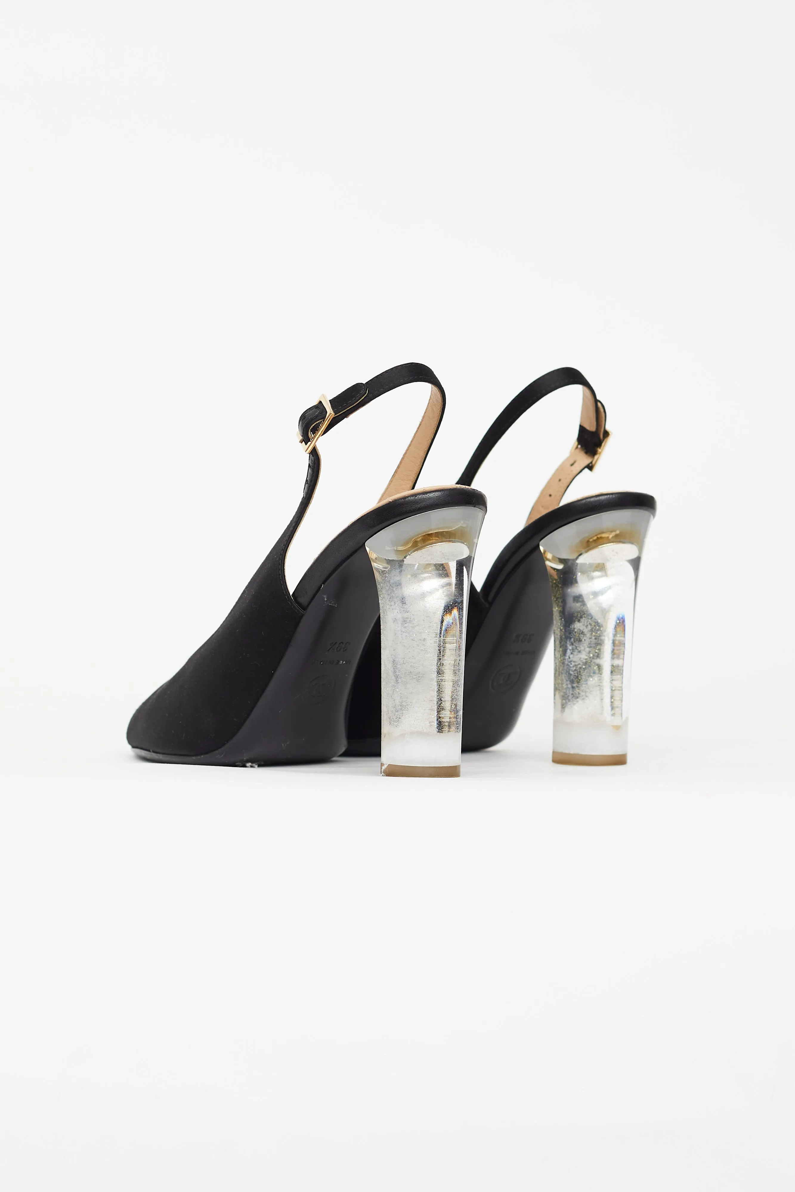 Black Satin Lucite Heel Slingback Pump