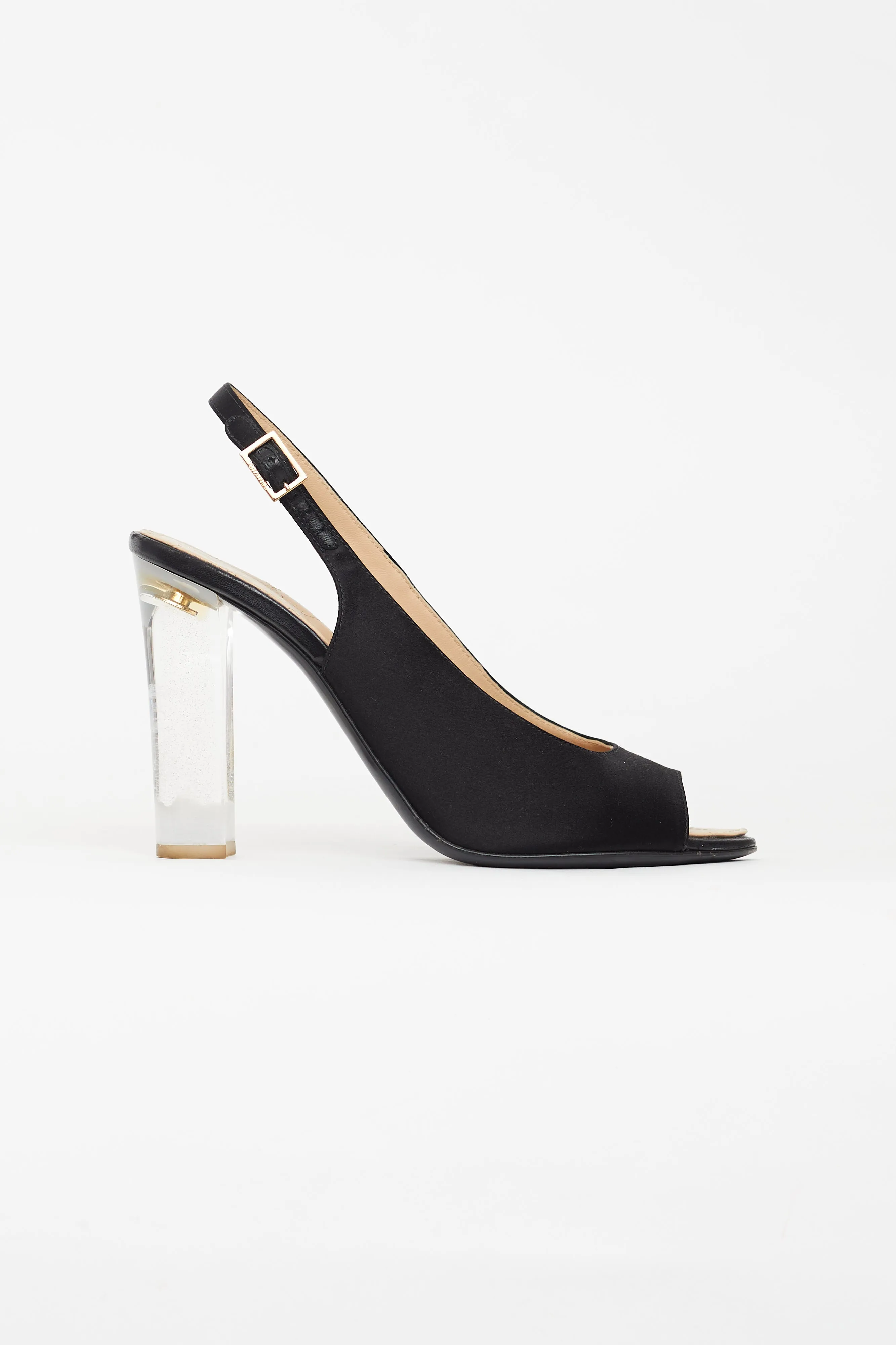 Black Satin Lucite Heel Slingback Pump