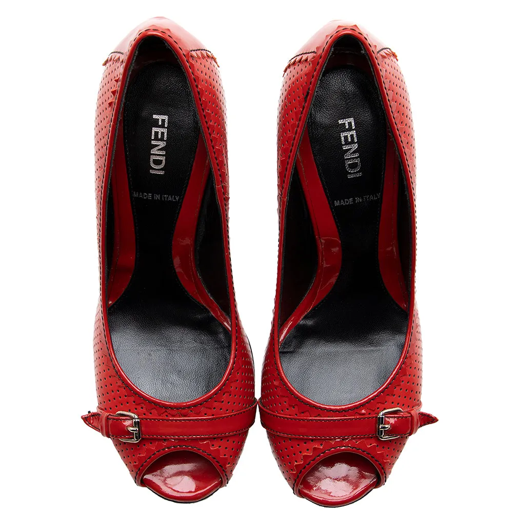 Fendi Perforated Leather Buckle Detail Peep Toe Pumps - Size 6.5 / 36.5 (SHF-18590)
