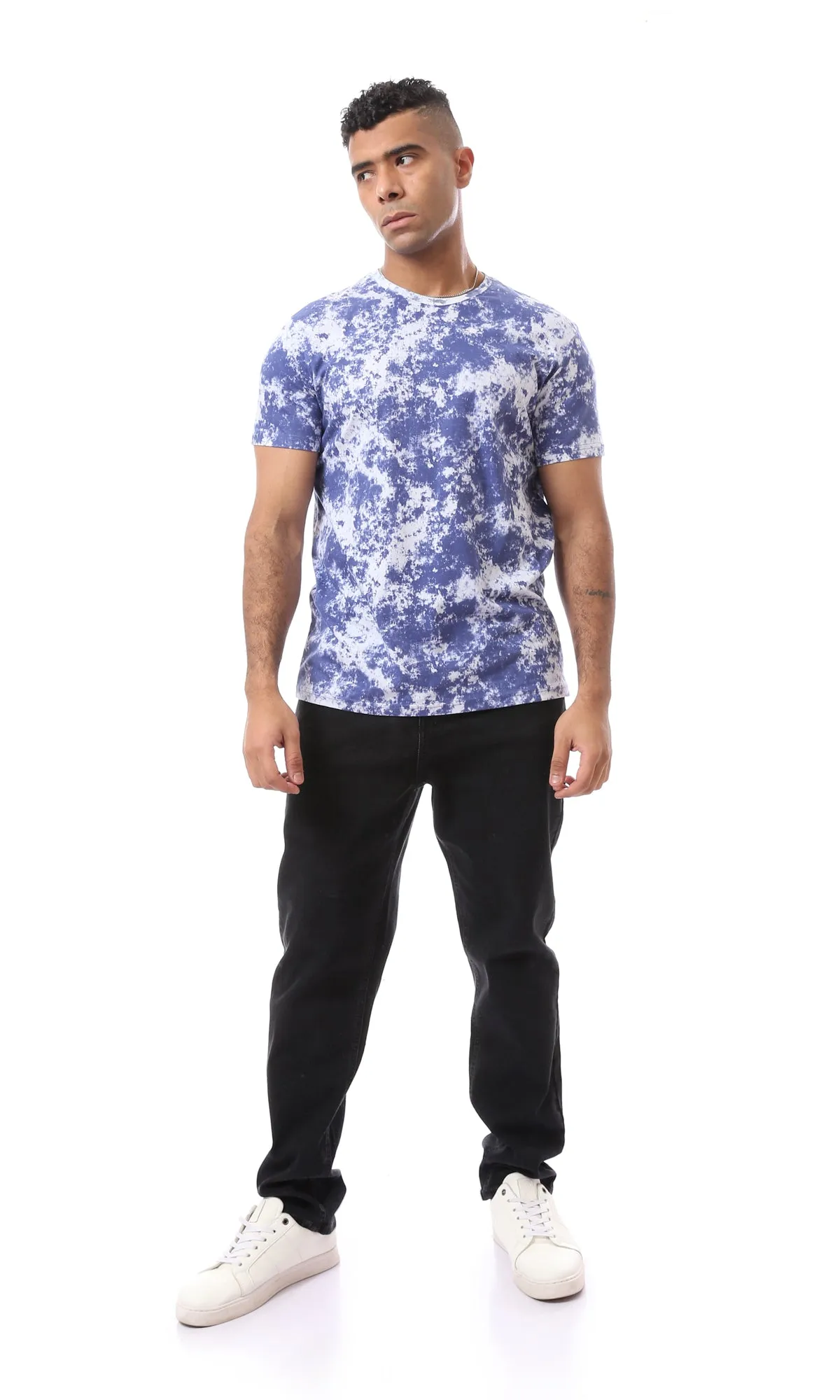 O164744 Tie Dye Dark Blue & White Round Neck Tee