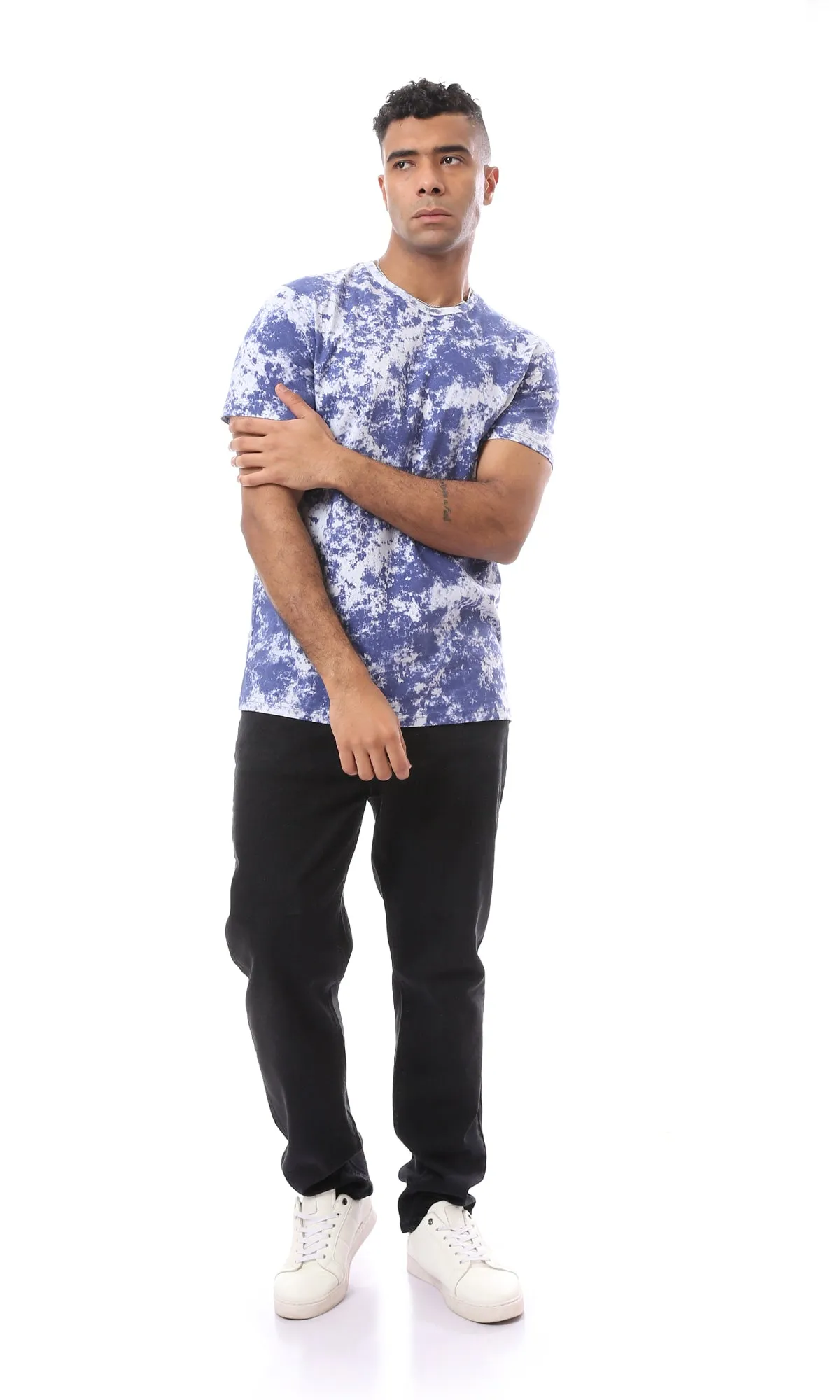 O164744 Tie Dye Dark Blue & White Round Neck Tee